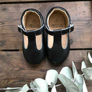 'Ebony' black leather hard sole toddler & children's t-bar shoes