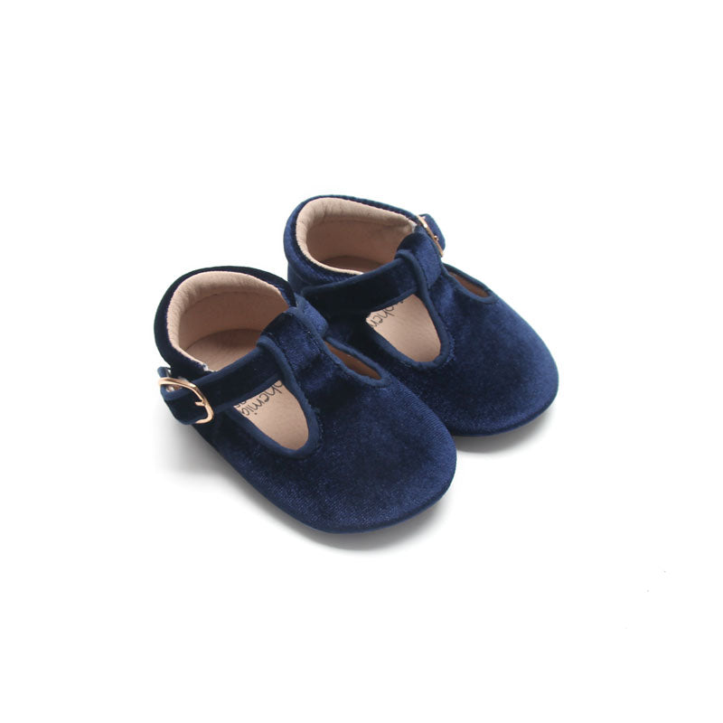 ‘Navy Luxe’ Velvet Traditional T-bar Baby Shoes