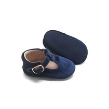 Load image into Gallery viewer, ‘Navy Luxe’ Velvet Traditional T-bar Baby Shoes
