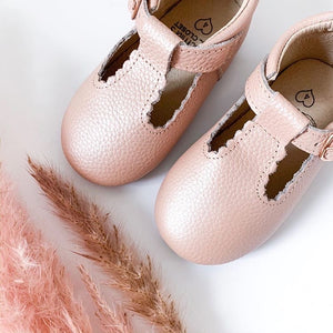 ‘Vintage Pink' Scalloped T-bar Children's Shoes - Hard Sole