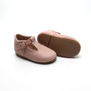 'Old Rose' Scalloped Leather T-bar Children's Shoes  - Hard Sole