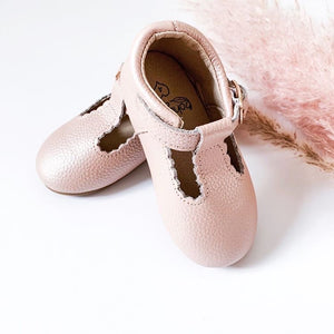‘Vintage Pink' Scalloped T-bar Children's Shoes - Hard Sole