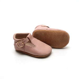 'Old Rose' Scalloped Leather T-bar Baby Shoes - Soft Sole