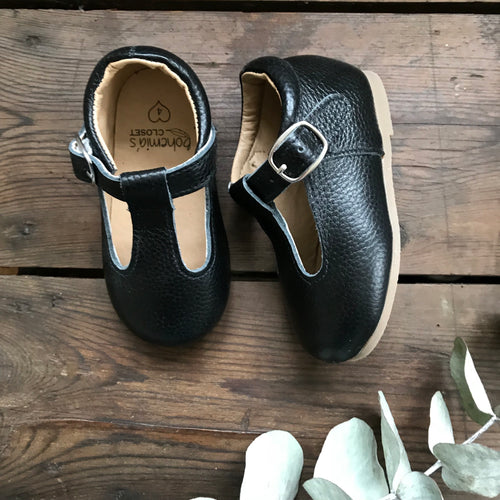 'Ebony' black leather hard sole toddler & children's t-bar shoes