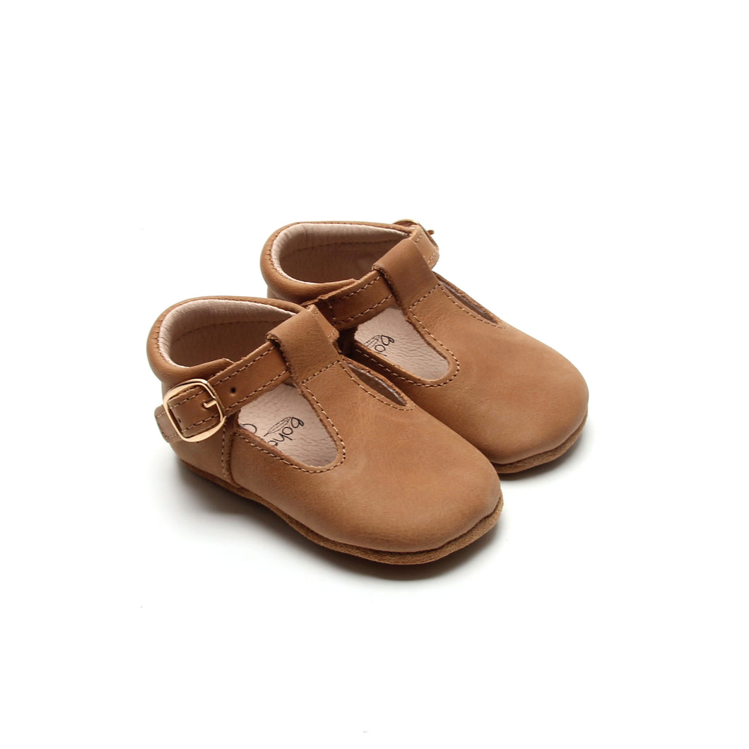 'Sandalwood' Traditional Leather T-bar Baby Shoes - Soft Sole