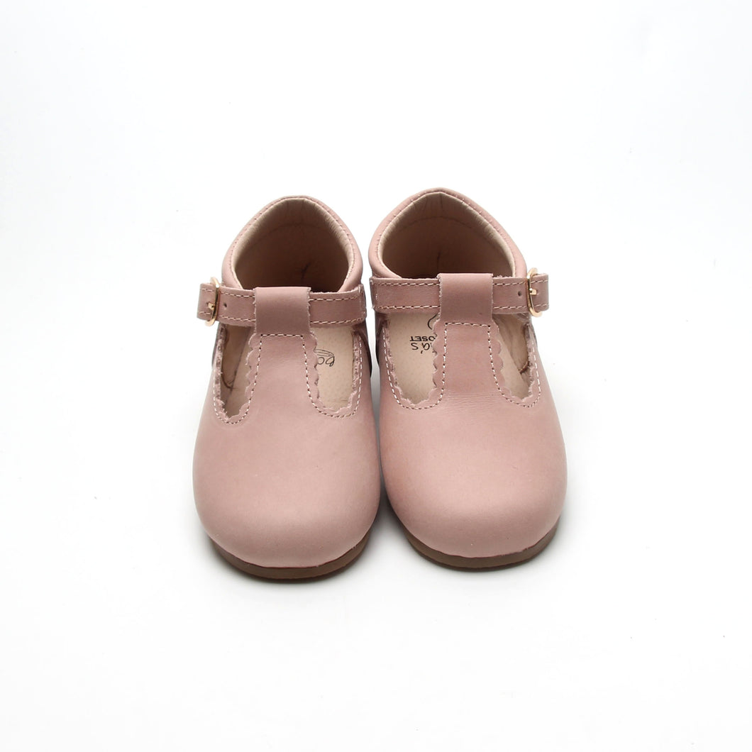 'Old Rose' Scalloped Leather T-bar Children's Shoes  - Hard Sole