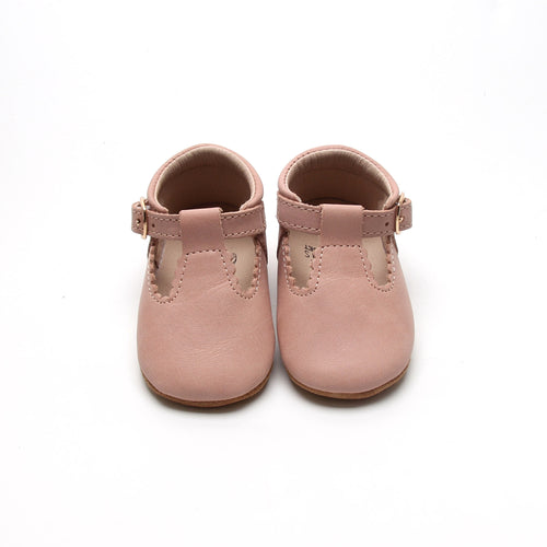 'Old Rose' Scalloped Leather T-bar Baby Shoes - Soft Sole