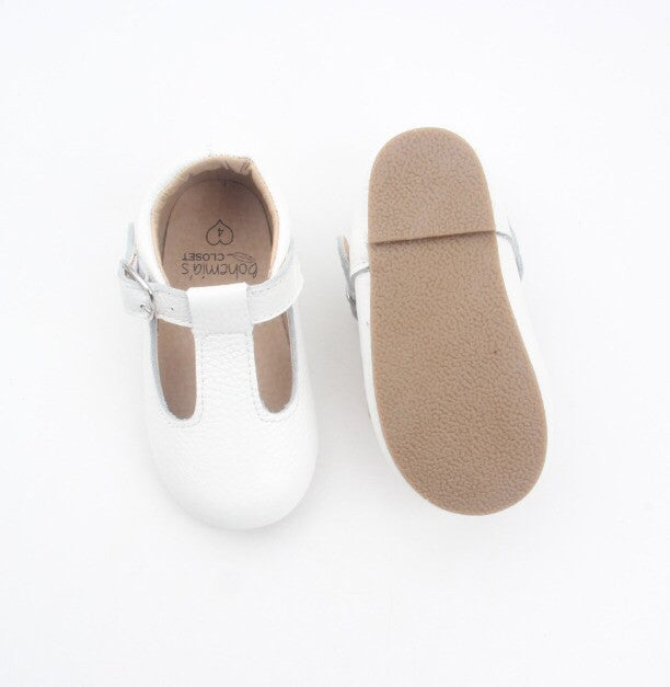 'Chalk' white leather t-bar hard sole toddler & children's shoes