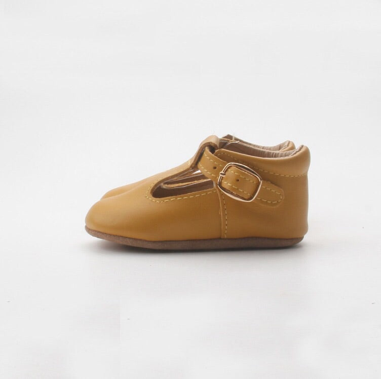 'Mustard' leather soft sole baby t-bar shoes